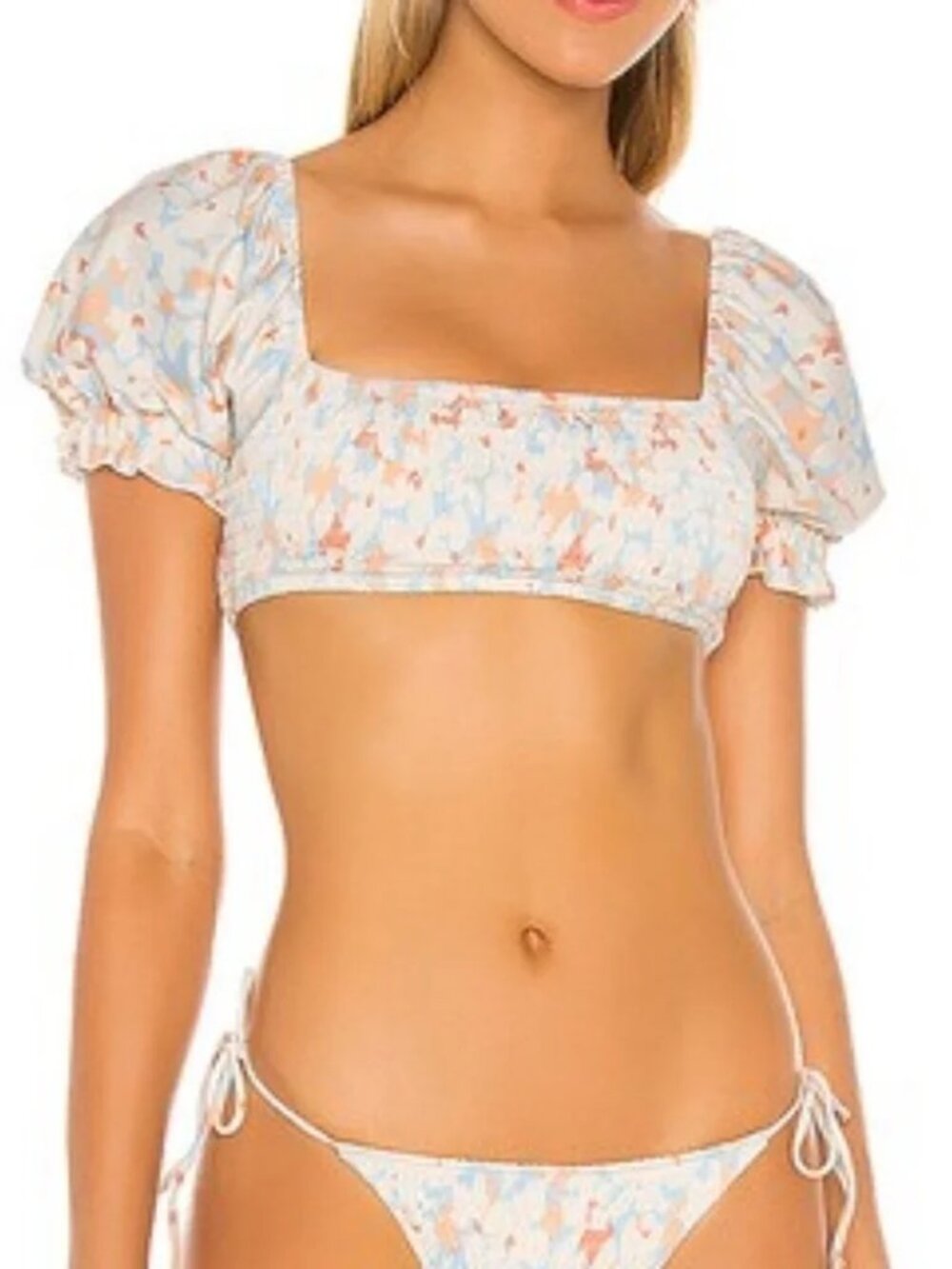L*SPACE Floral Smocked Puff Sleeve Bikini top Size XS